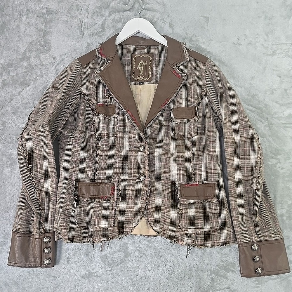 MY‎ TRIBE Women's Leather Linen Jacket Large Brown Houndstooth Western Boho USA